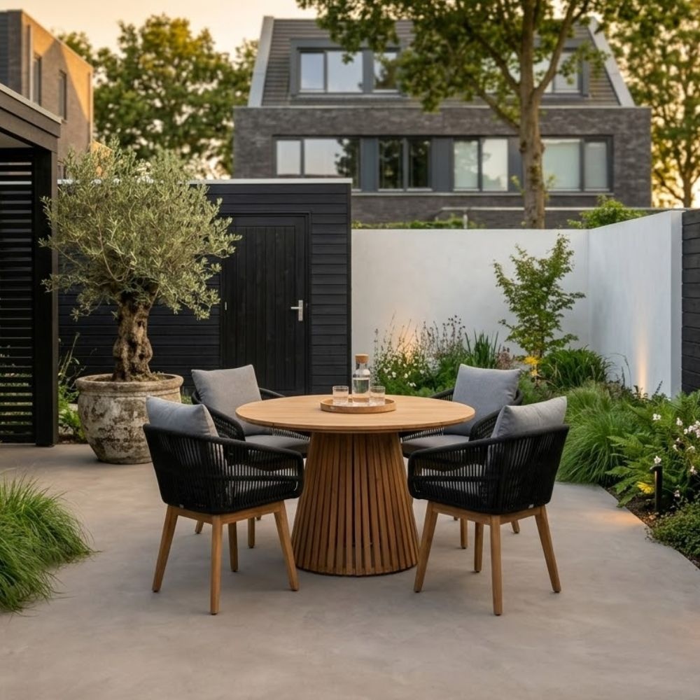 Palau/Bella zwart dining tuinset | 4 personen | teakhout + touw | Ø120cm rond