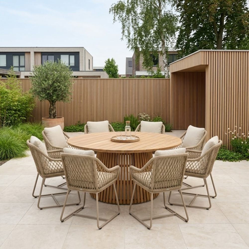 Palau/Portofino Sandstone dining tuinset | 8 personen | teakhout + touw | 180cm rond