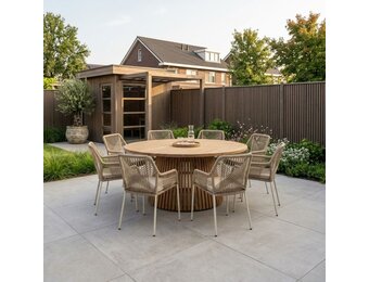 Palau/Seville beige dining tuinset | 8 personen | teakhout + touw | 180cm rond
