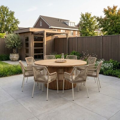 Palau/Seville beige dining tuinset | 8 personen | teakhout + touw | 180cm rond