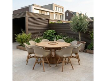 Palau/Karlstad beige dining tuinset | 8 personen | teakhout + kunststof | 180cm rond