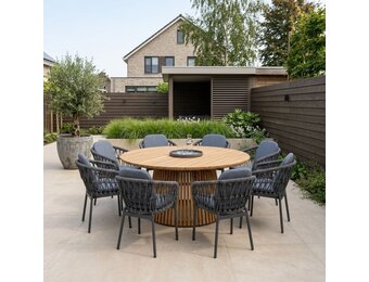 Palau/Femke antraciet dining tuinset | 8 personen | teakhout + touw | 180cm rond