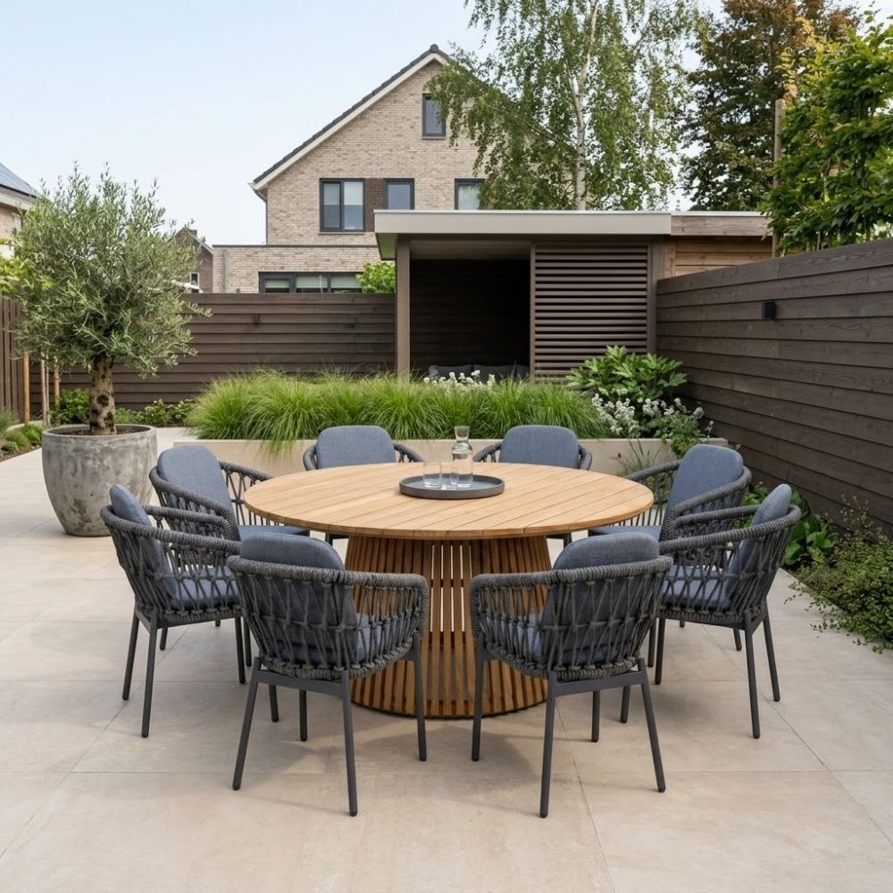 BUITEN living Palau/Femke antraciet dining tuinset | 8 personen | teakhout + touw | 180cm rond