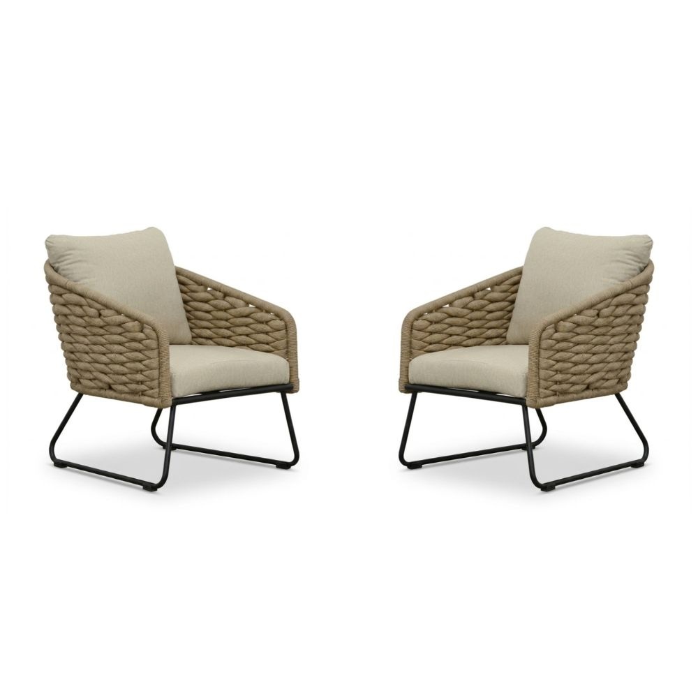 BUITEN living Flora loungestoel tuin set van 2 | touw + aluminium | Sahara Dust – Taupe – Naturel – Bruin, Beige