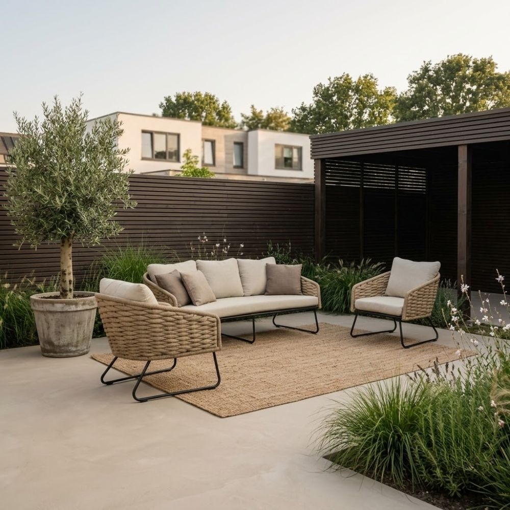 Flora stoel-bank loungeset 5 personen | touw + aluminium | Sahara Dust | 3-delig