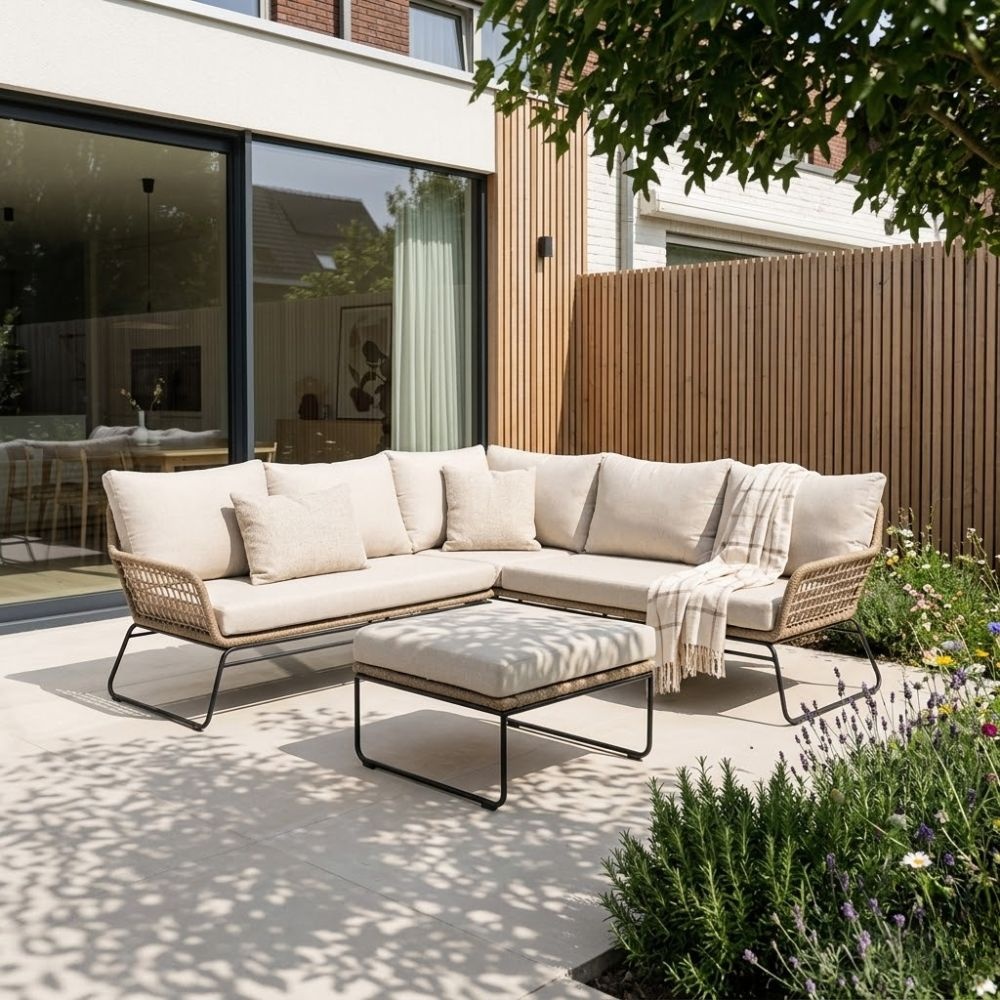 BUITEN living Potenza hoek loungeset 5 personen | aluminium + touw | Sahara Dust | 3-delig 213x213cm – Taupe – Naturel – Bruin