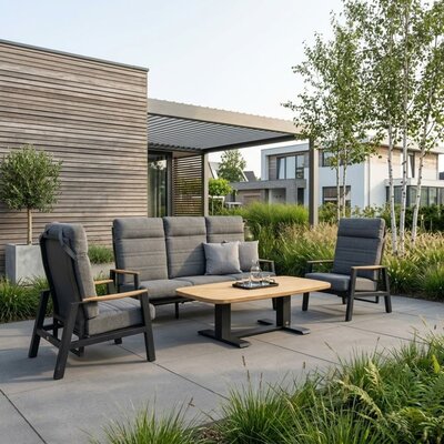 Brighton stoel-bank loungeset - verstelbaar 5 personen | aluminium + teak | antraciet | 4-delig