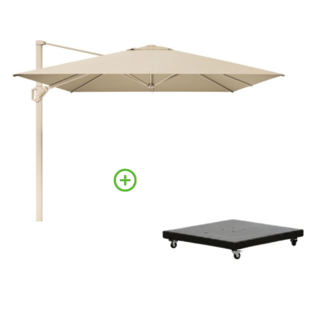 Challenger T² zweefparasol - premium doek | 350x260cm met Monza parasolvoet 90kg | Champagne/Teak look