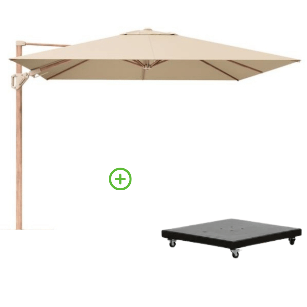 Challenger T² zweefparasol - premium doek | 300x300cm met Monza parasolvoet 90kg | Champagne/Teak look