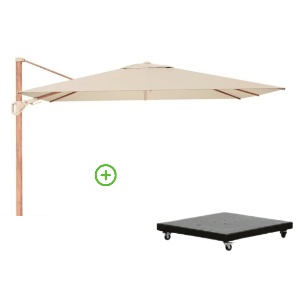 Challenger T² zweefparasol - premium doek | 260x350cm met Monza parasolvoet 90kg | Champagne/Teak look
