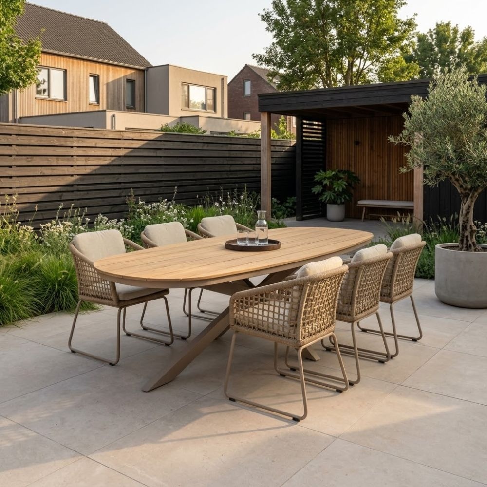 Texas/Tulum Sandstone dining tuinset | 6 personen | polywood + touw | 260cm Deens ovaal