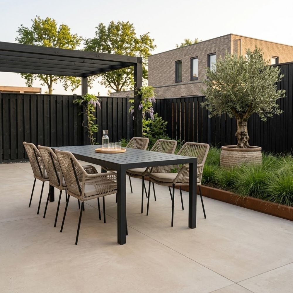 Manchester/Seville zand dining tuinset | 6 personen | aluminium + touw | 205cm