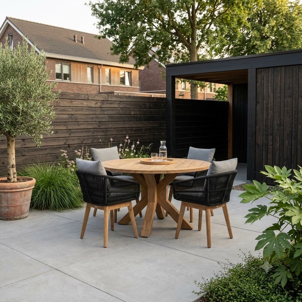 Genua/Bella zwart dining tuinset | 4 personen | teakhout + touw | 120cm rond