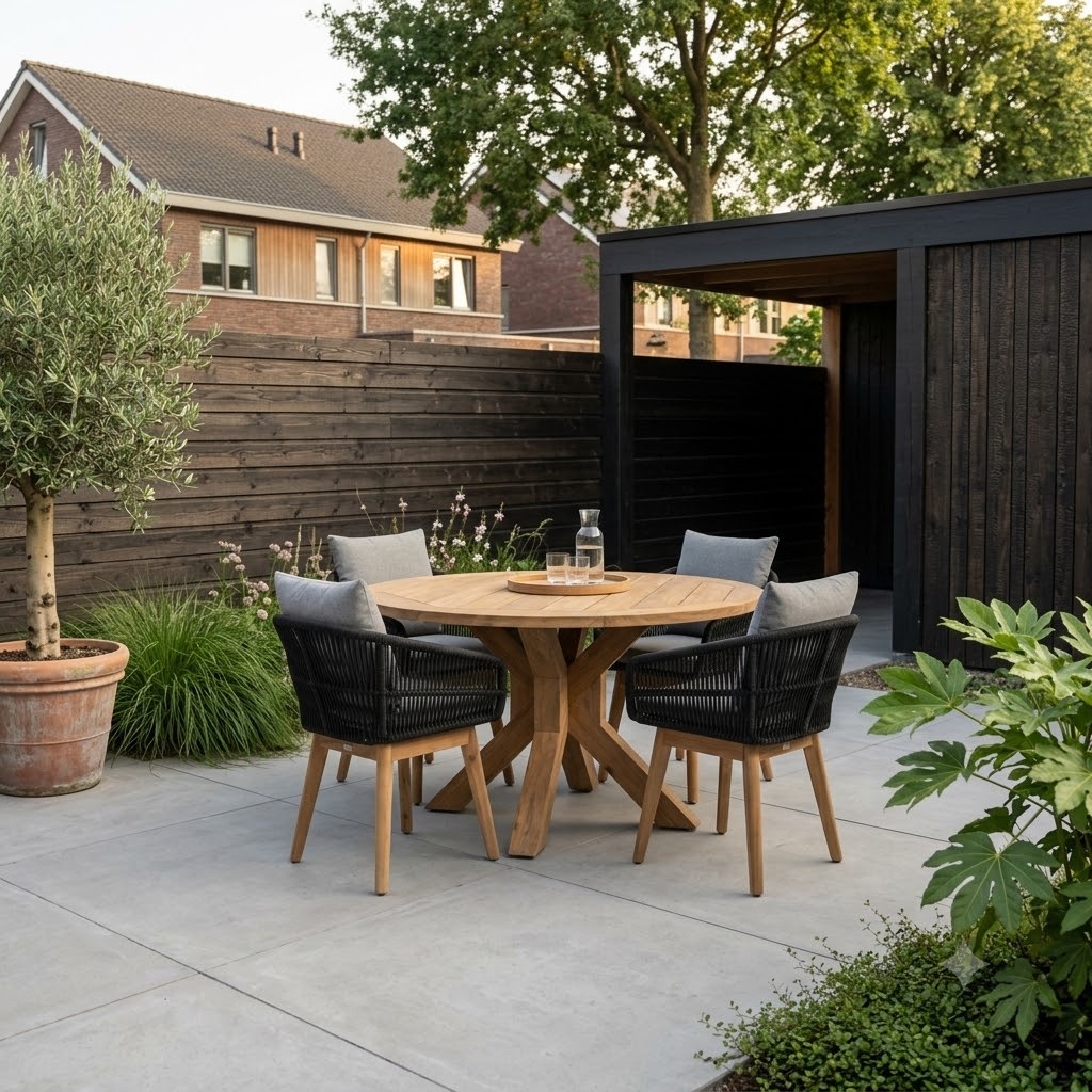 Genua/Bella zwart dining tuinset | 4 personen | teakhout + touw | 120cm rond