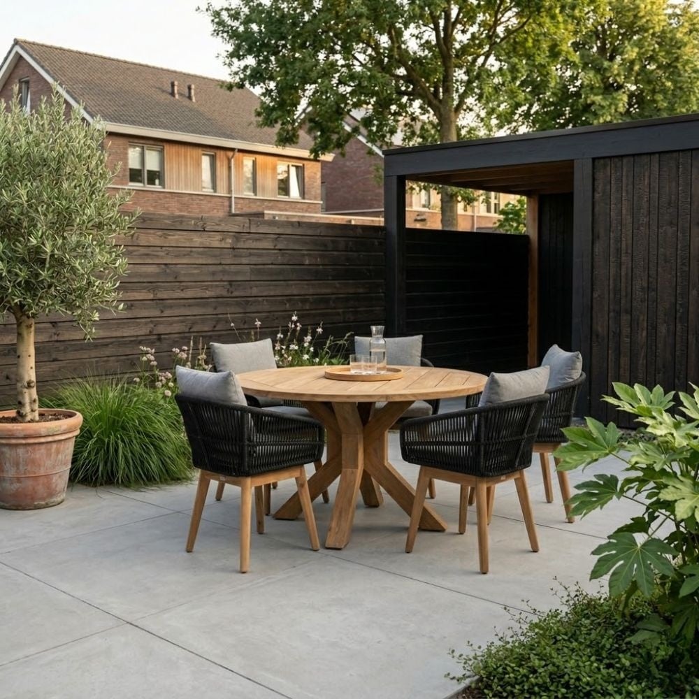 Genua/Bella zwart dining tuinset | 5 personen | teakhout + touw | 140cm rond