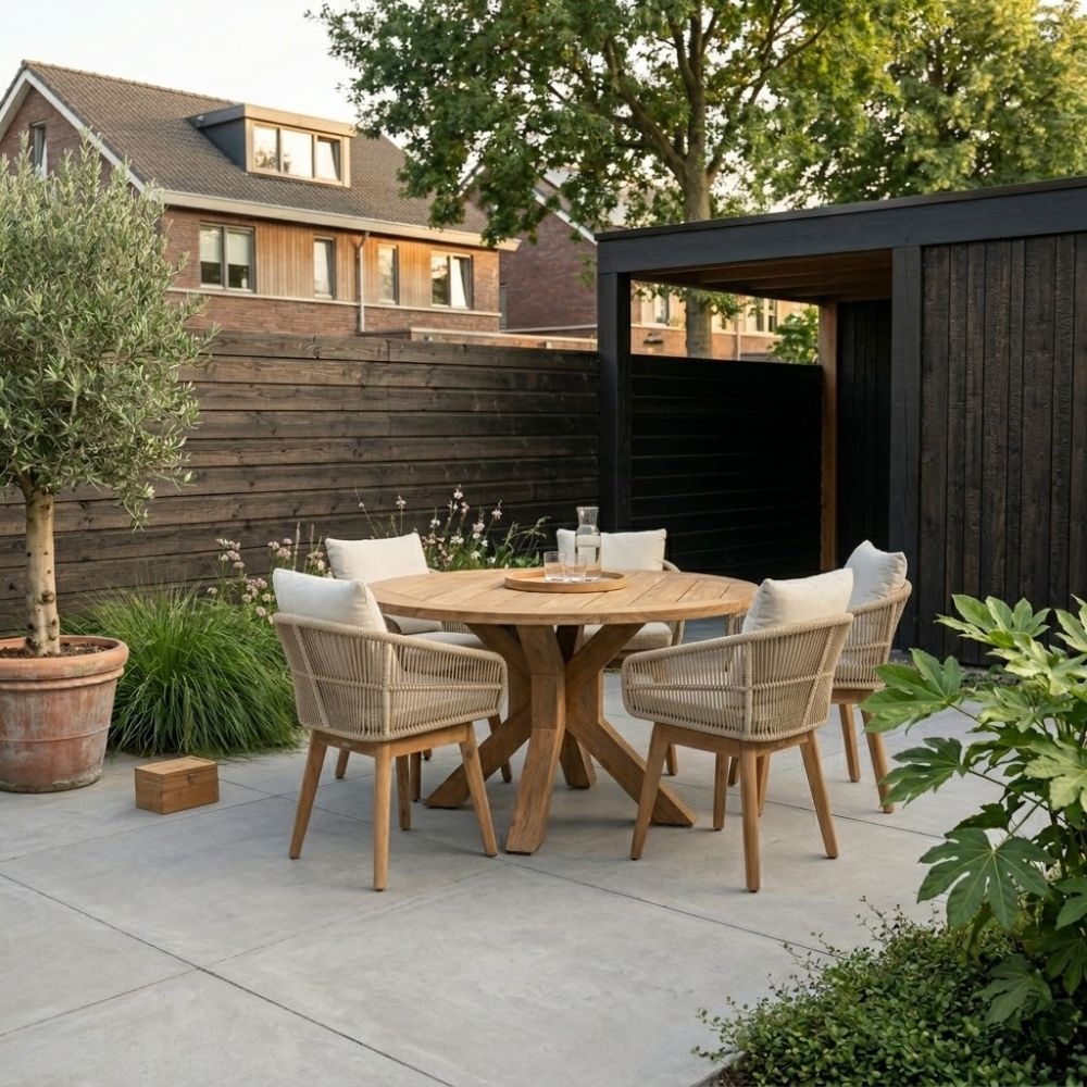 Genua/Bella zand dining tuinset | 4 personen | teakhout + touw | 120cm rond