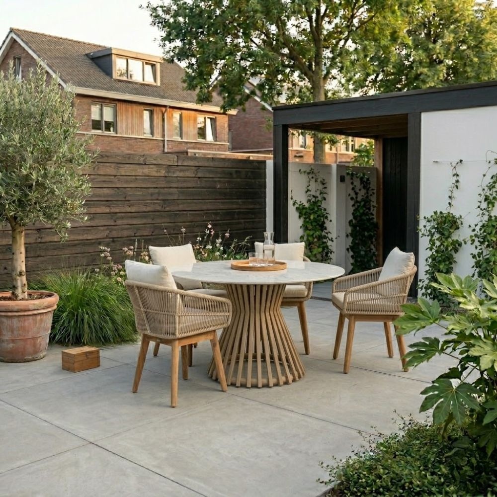 Pasadena/Bella zand dining tuinset | 4 personen | sintered stone + touw | 120cm