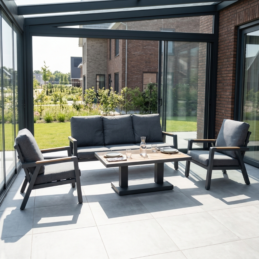Budapest stoel-bank loungeset met verstelbare tafel 5 personen | aluminium + polywood | antraciet | 4-delig