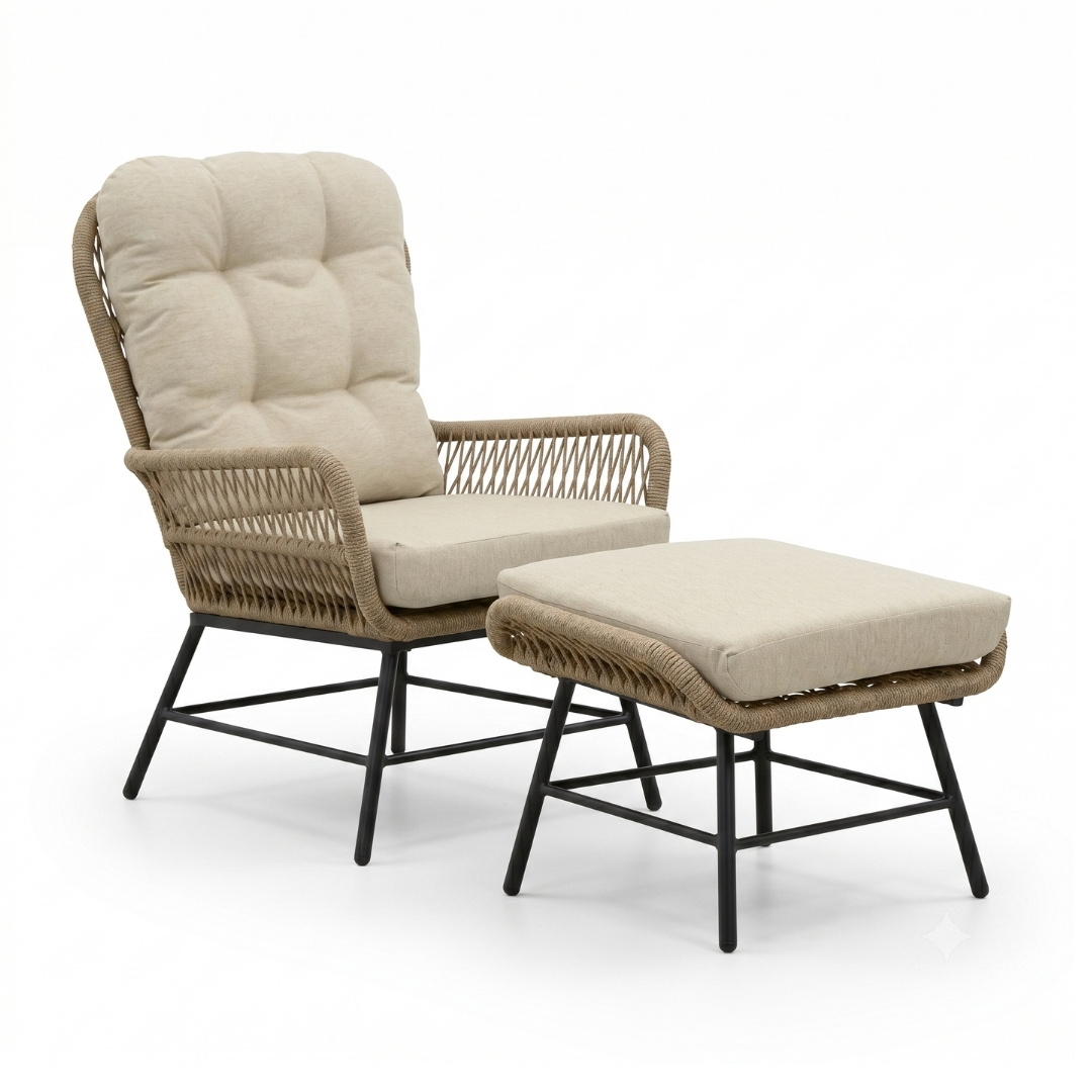 Dex loungestoel tuin met voetenbank | touw + aluminium | Sahara Dust