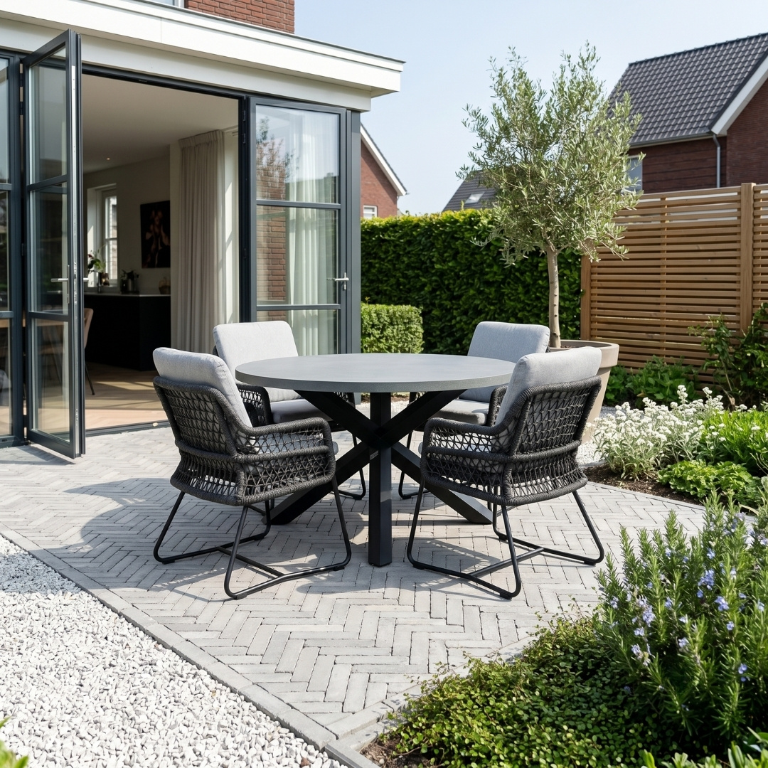Meran/Gianna Stone Grey dining tuinset | 4 personen | polystone + touw | Ø135cm rond