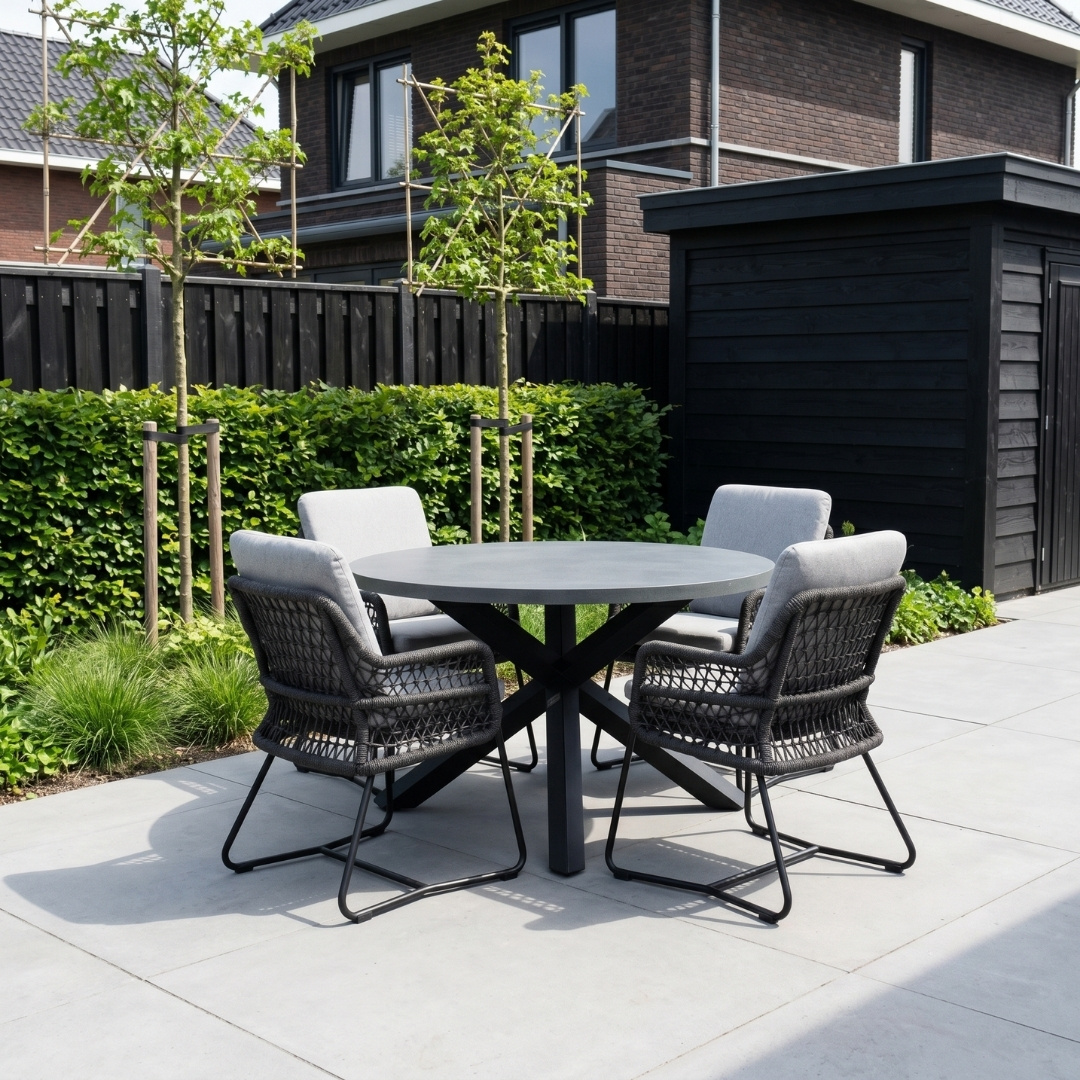 Meran/Gianna Stone Grey dining tuinset | 4 personen | polystone + touw | Ø135cm rond