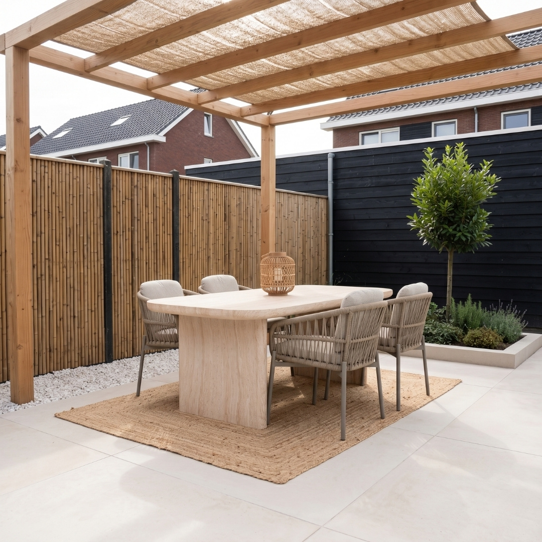 Mees/Rico zand dining tuinset | 4 personen | travertin + aluminium | 200cm