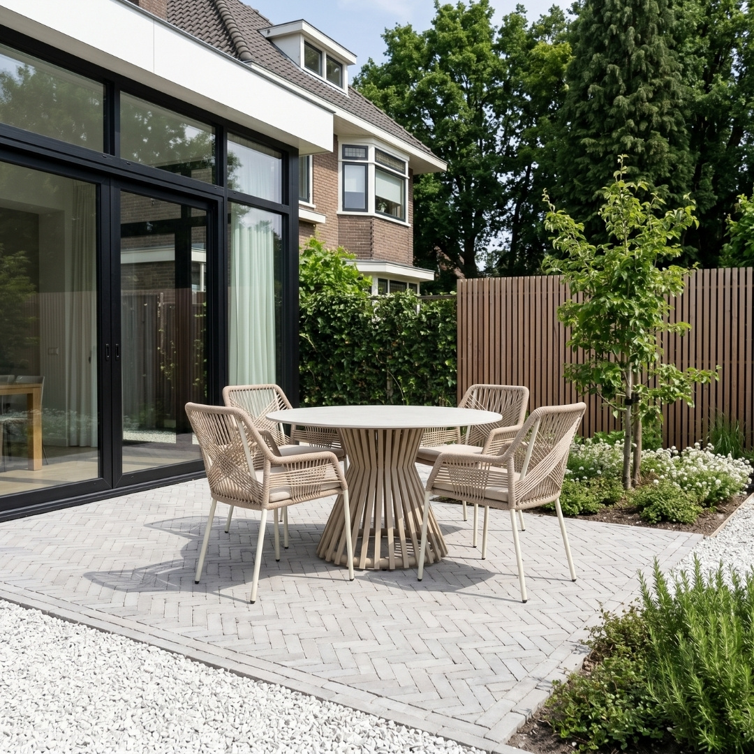 Pasadena/Seville beige dining tuinset | 4 personen | sintered stone + touw | 120cm rond