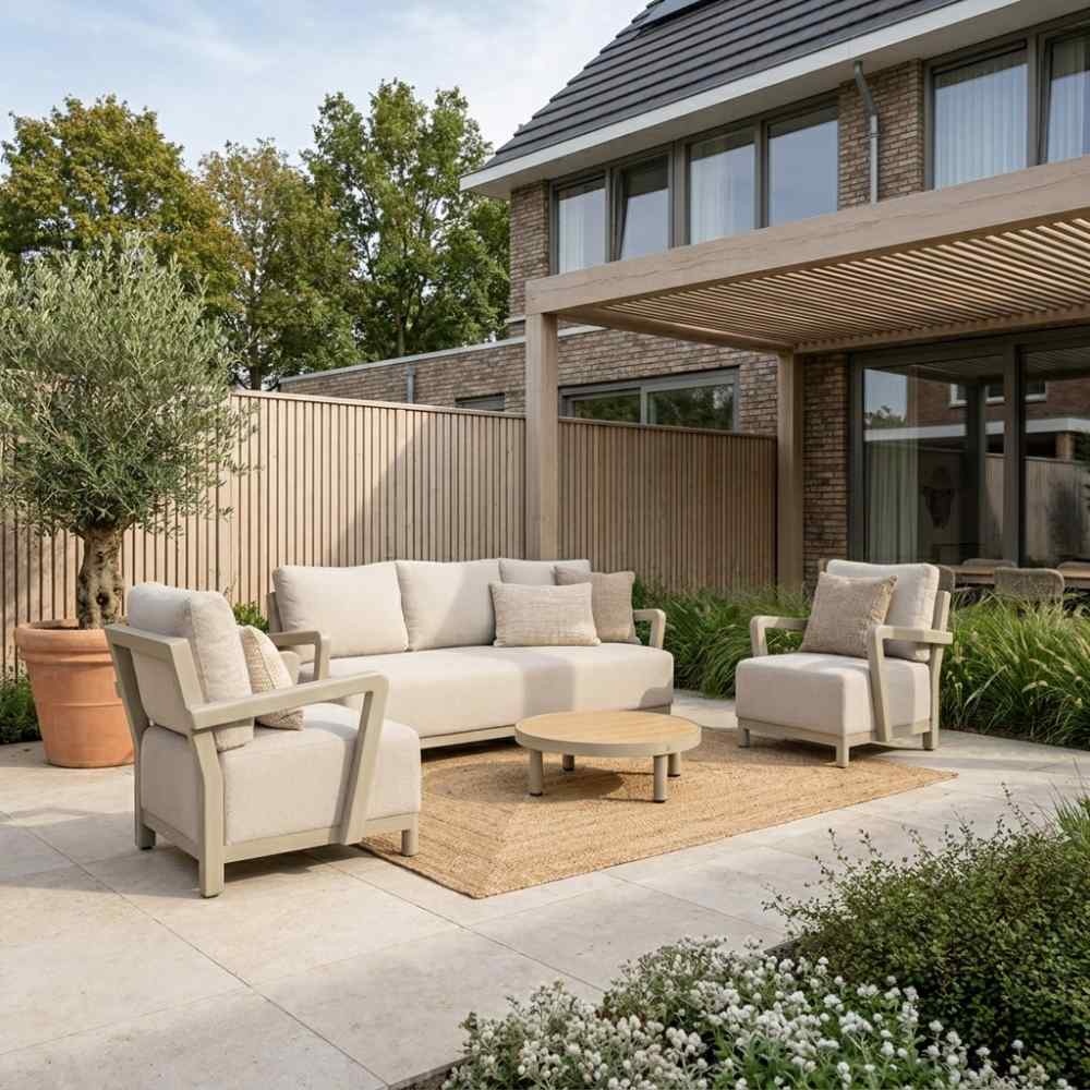Amalfi stoel-bank loungeset 5 personen incl. tafel 70cm | aluminium + polywood | beige | 4-delig