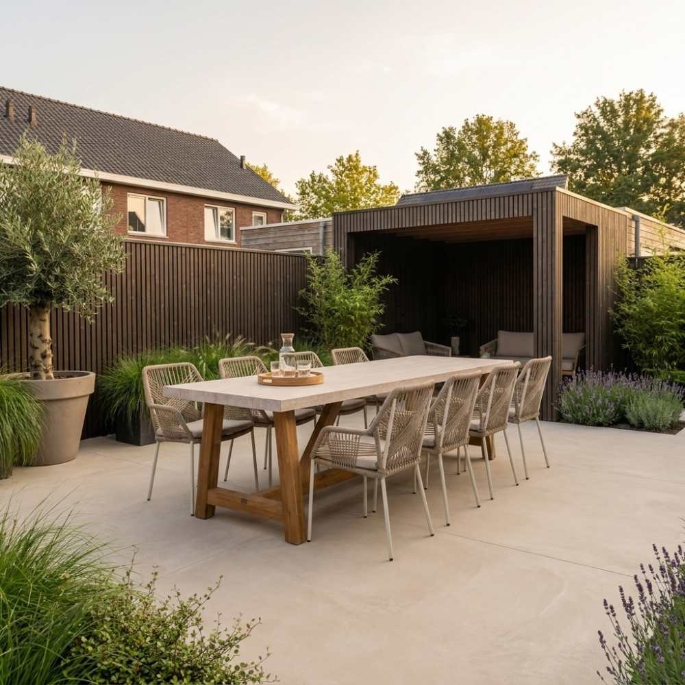 Velora/Seville beige dining tuinset | 8 personen | polystone + touw | 300cm