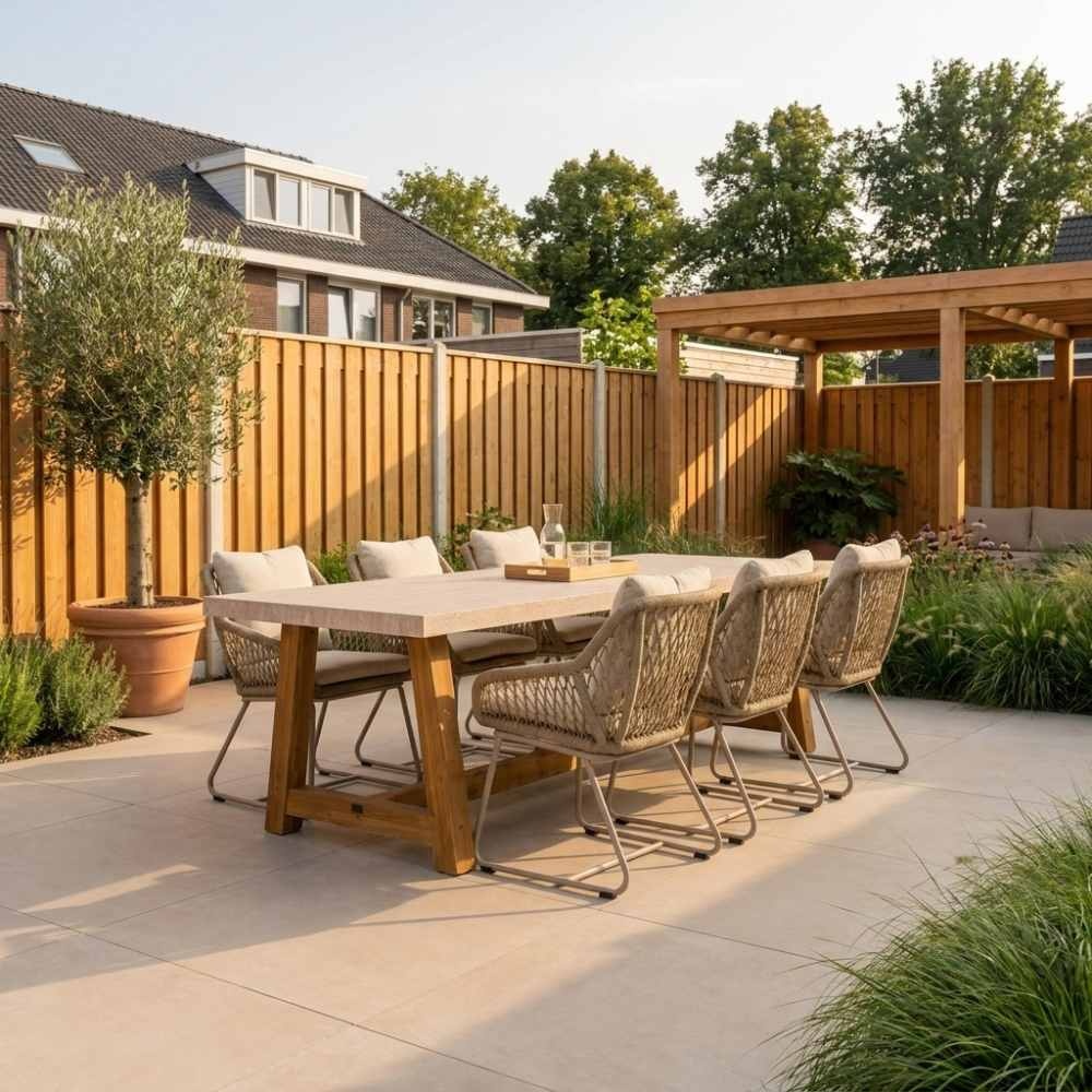 Velora/Portofino Sandstone dining tuinset | 6 personen | polystone + touw | 250cm