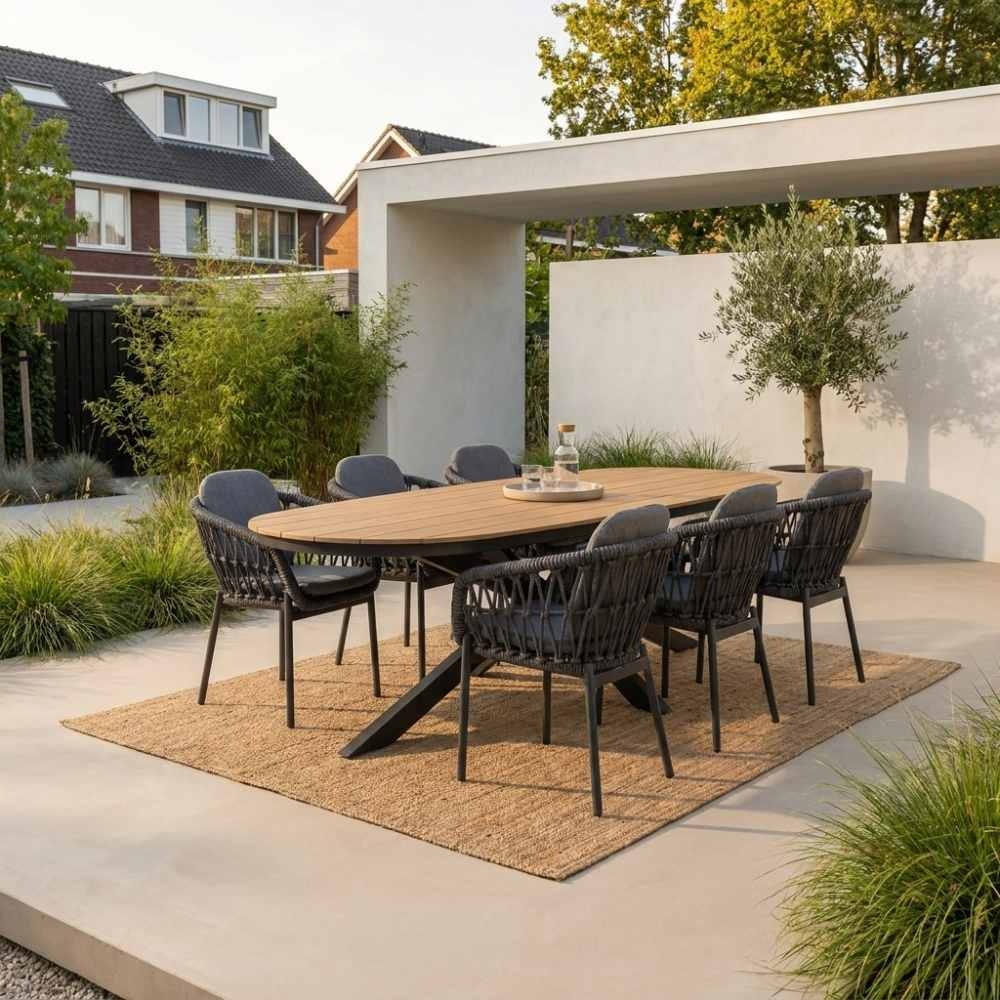 Texas/Femke antraciet dining tuinset | 6 personen | polywood + touw | 260cm
