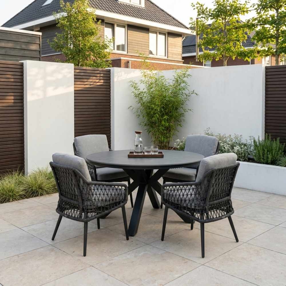 York/Vedra antraciet dining tuinset | 4 personen | sintered stone + touw | 150cm rond
