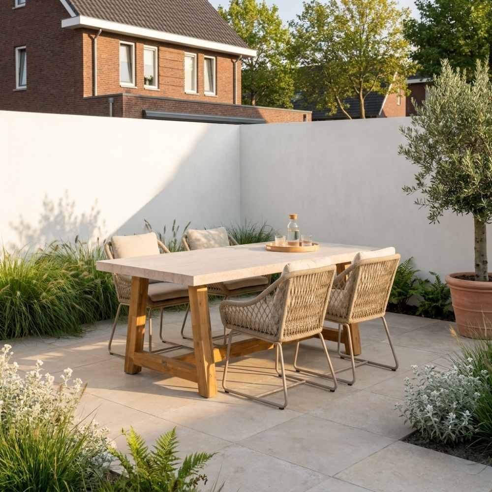 Velora/Portofino Sandstone dining tuinset | 4 personen | polystone + touw | 200cm