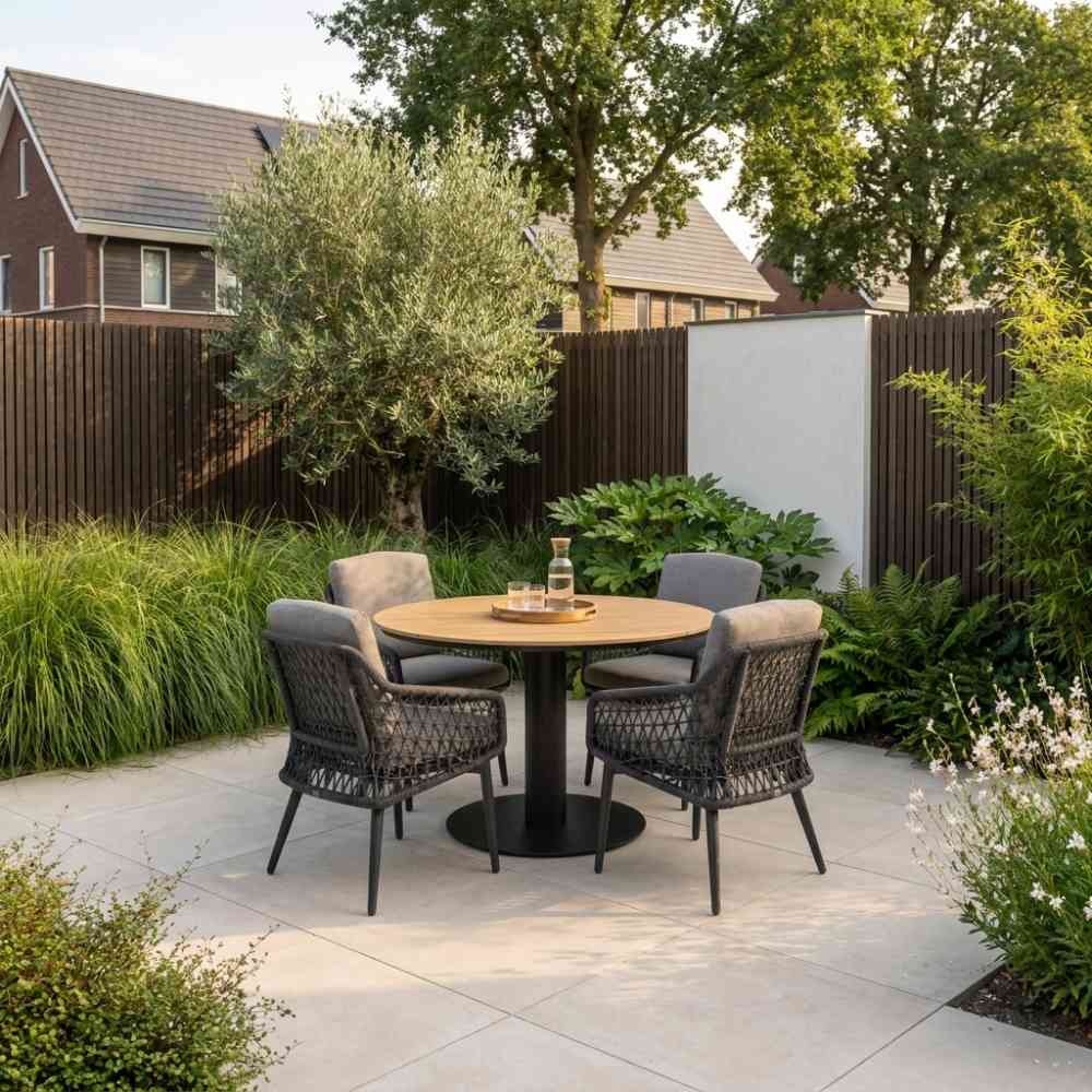 Panama/Vedra antraciet dining tuinset | 4 personen | polywood + touw | 120cm rond