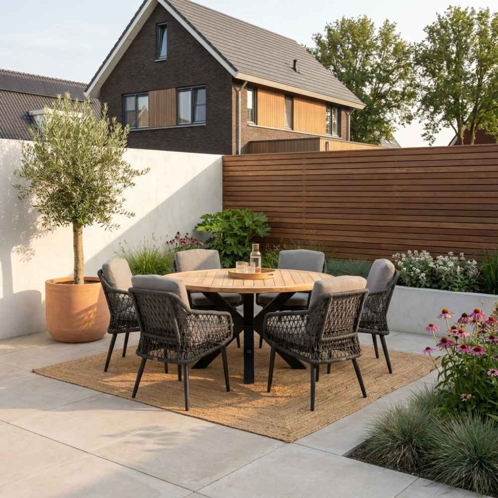 Cleve/Vedra antraciet dining tuinset | 6 personen | teakhout + touw | Ø140cm rond
