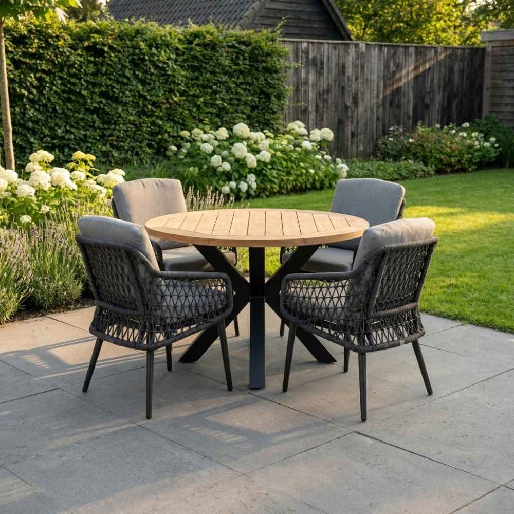 Cleve/Vedra antraciet dining tuinset | 4 personen | teakhout + touw | 120cm rond