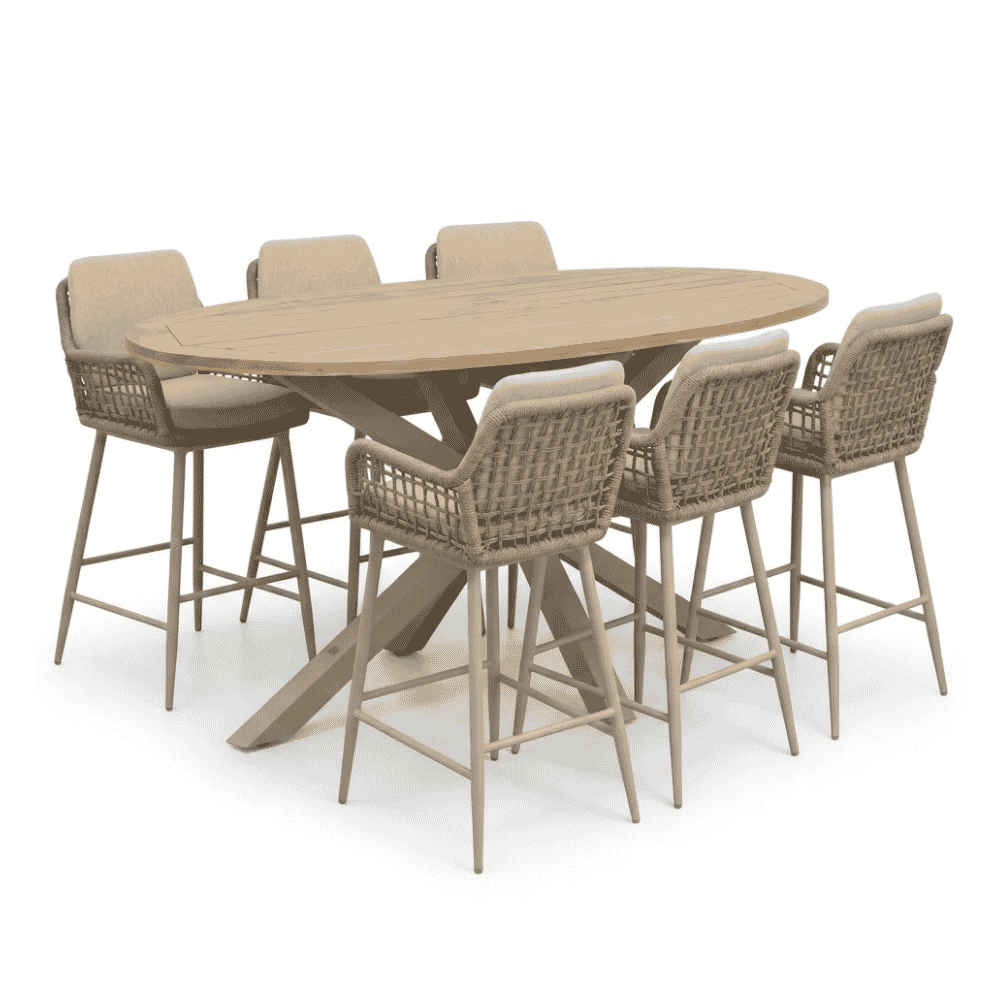 Cleve beige/Valencia Sandstone dining barset | 6 personen | teakhout + touw | 240cm