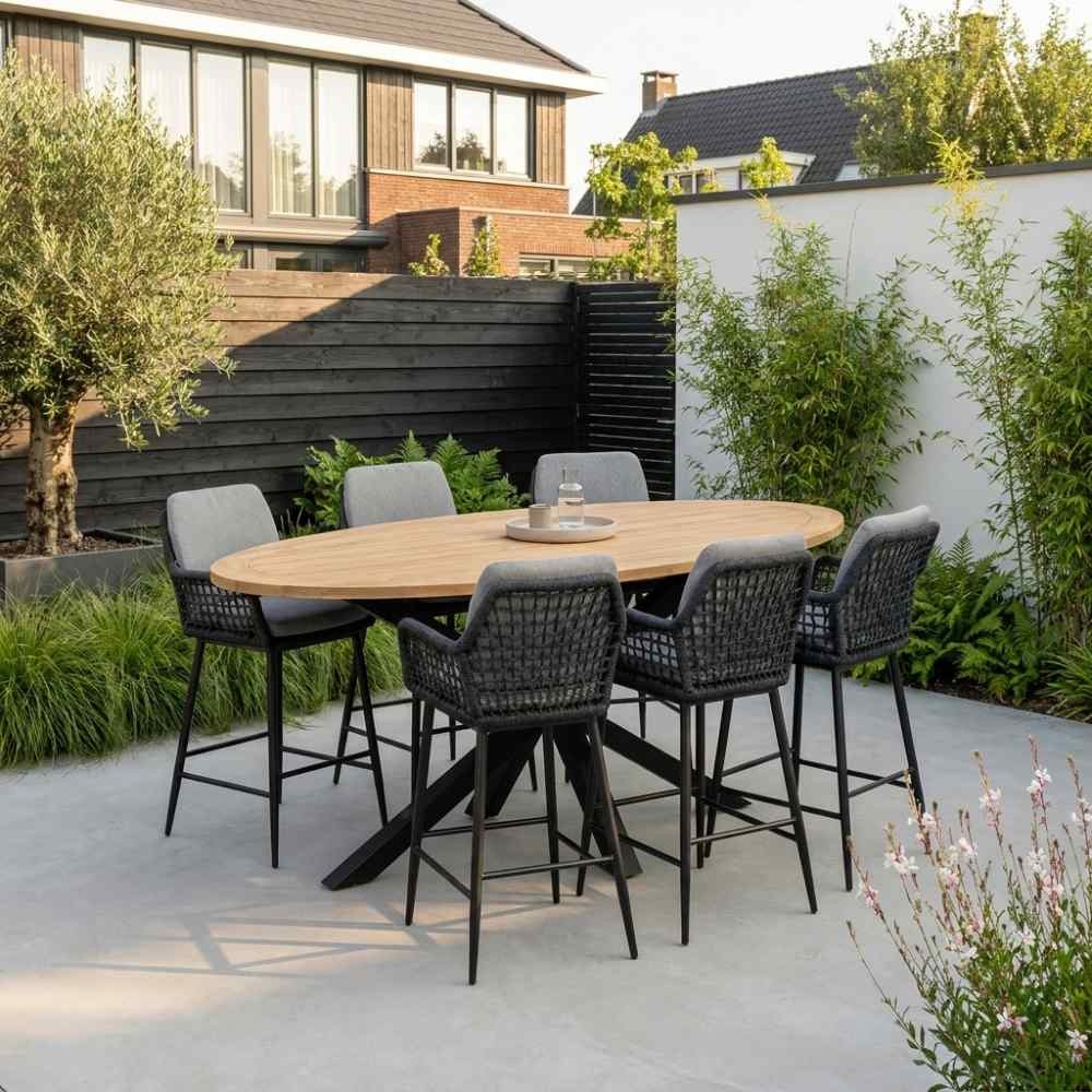 Cleve antraciet/Valencia Stone Grey dining barset | 6 personen | teakhout + touw | 240cm