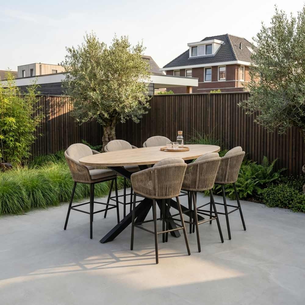 Cleve antraciet/Mara Sahara Dust dining barset | 6 personen | teakhout + touw | 240cm
