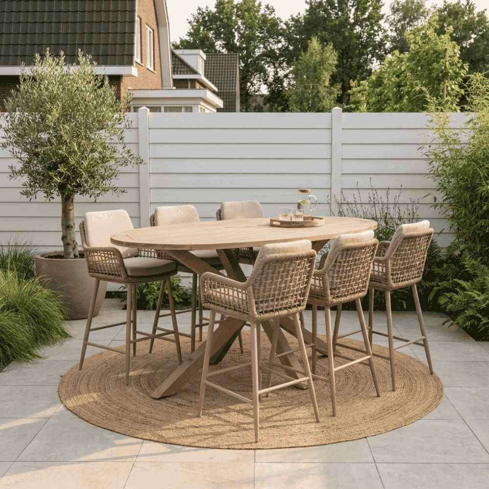 Cleve beige/Valencia Sandstone dining barset | 6 personen | teakhout + touw | 240cm