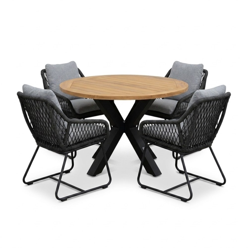 Cleve/Portofino Stone Grey dining tuinset | 4 personen | teakhout + touw | 120cm rond