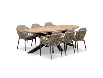 Cleve/Femke beige/antraciet dining tuinset | 6 personen | teakhout + touw | 240cm ovaal