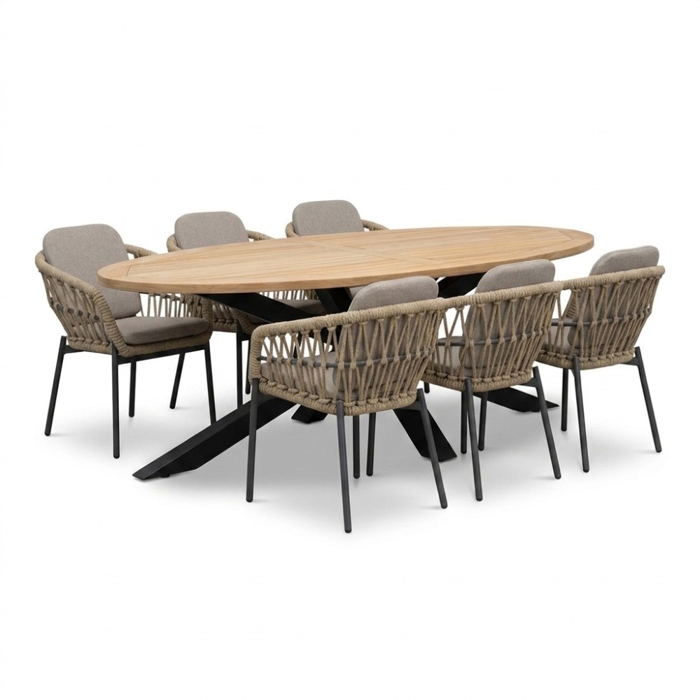 Cleve/Femke beige/antraciet dining tuinset | 6 personen | teakhout + touw | 240cm ovaal