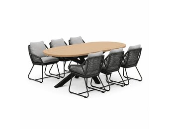 Cleve/Portofino Stone Grey dining tuinset | 6 personen | teakhout + touw | 240cm ovaal