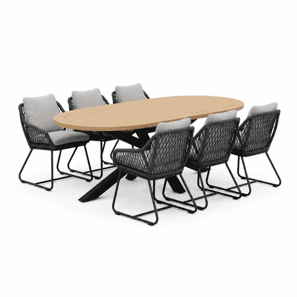 Cleve/Portofino Stone Grey dining tuinset | 6 personen | teakhout + touw | 240cm ovaal