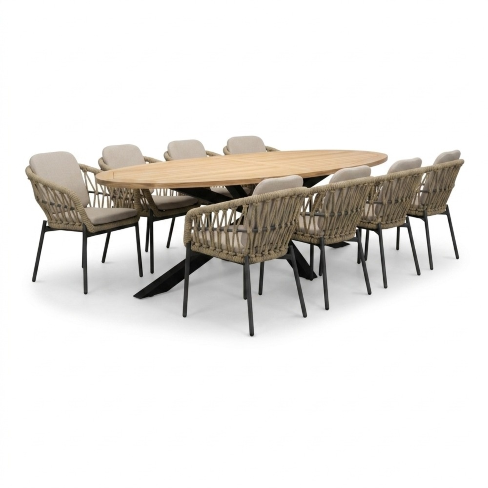 Cleve/Femke beige/antraciet dining tuinset | 8 personen | teakhout + touw | 280cm ovaal