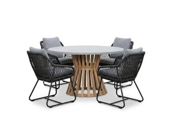 Elzas/Portofino Stone Grey dining tuinset | 4 personen | polystone + touw | Ø135cm rond