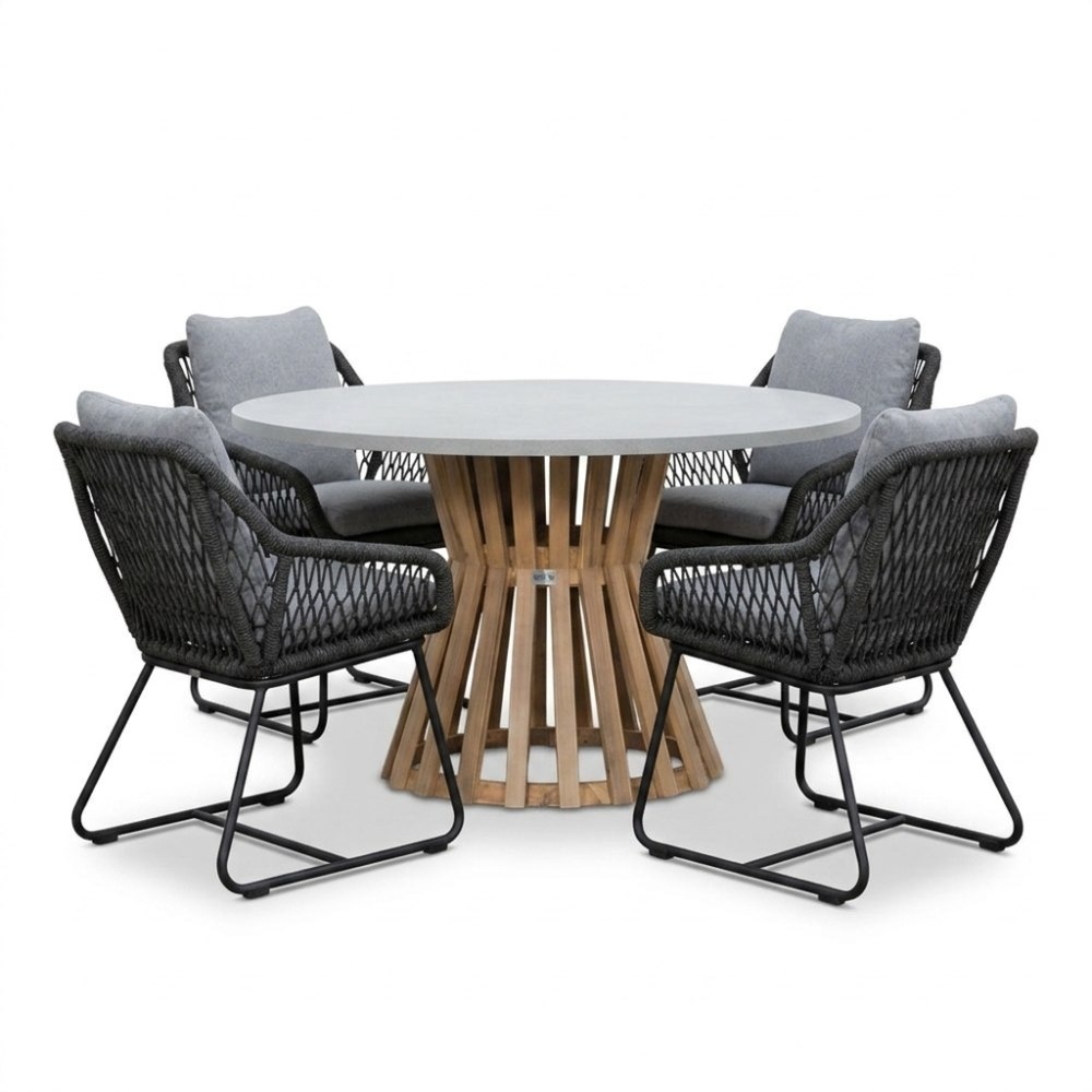 Elzas/Portofino Stone Grey dining tuinset | 4 personen | polystone + touw | Ø135cm rond