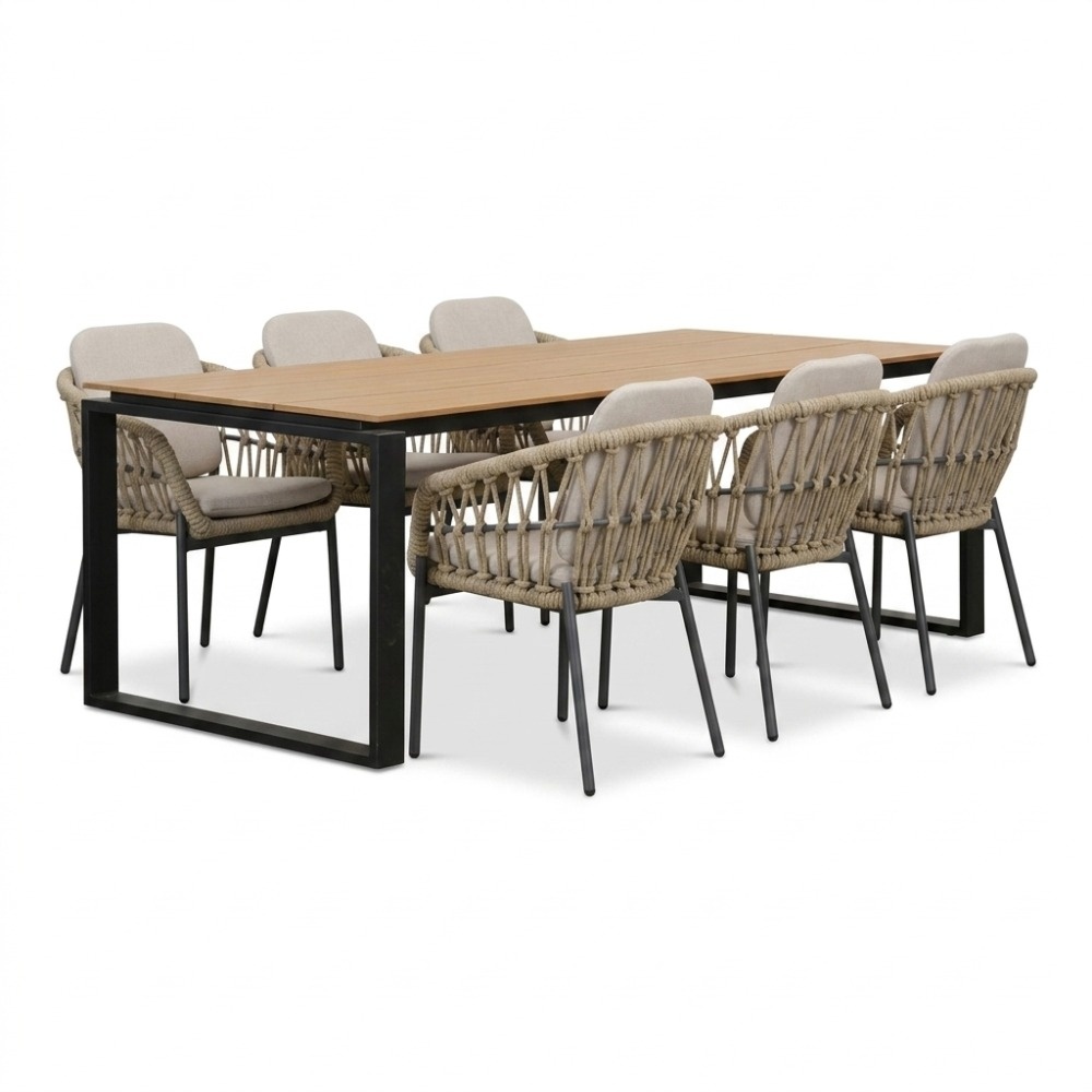 Helsinki/Femke beige/antraciet dining tuinset | 6 personen | polywood + touw | 210cm