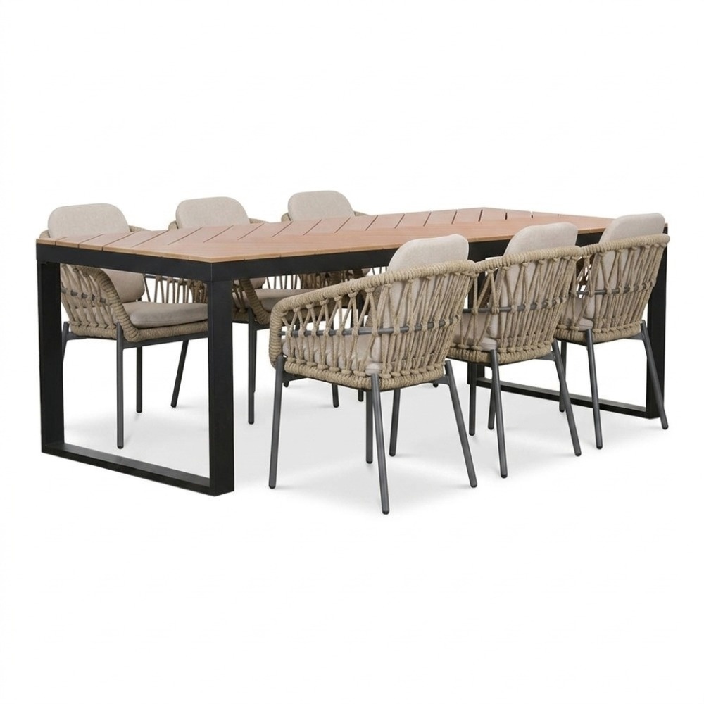 Kampa/Femke beige/antraciet dining tuinset | 6 personen | polywood + touw | 210cm